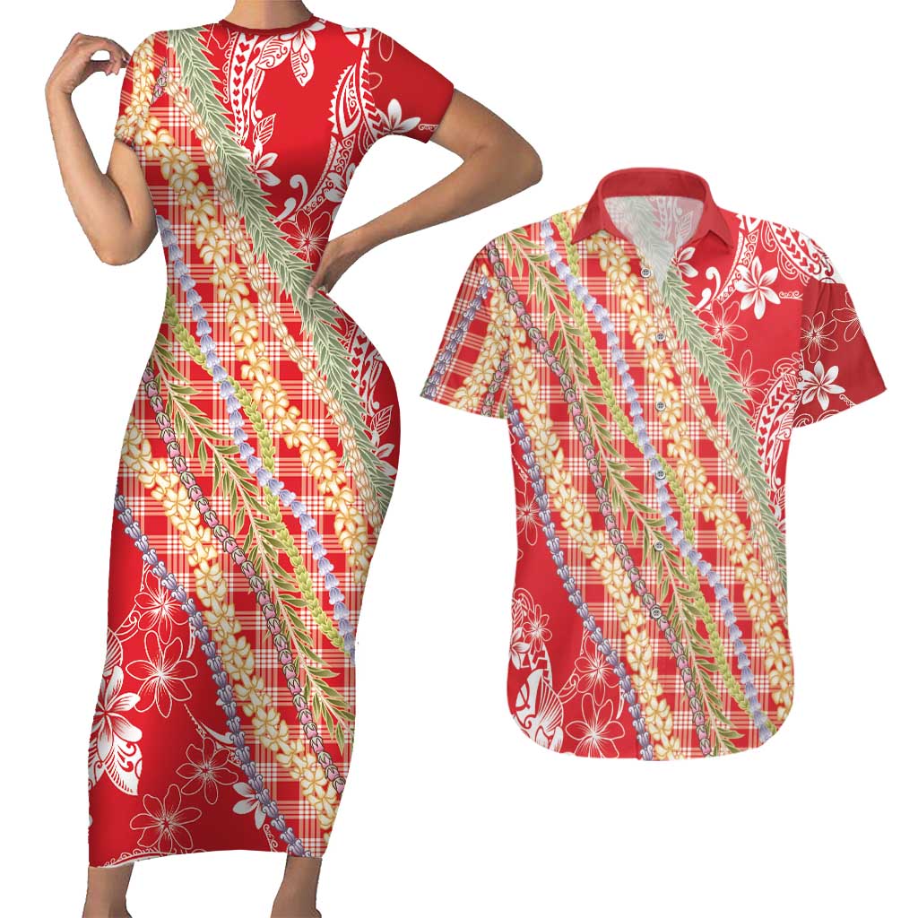 Red Palaka Hawaii Leis Couples Matching Short Sleeve Bodycon Dress and Hawaiian Shirt Hawaiian-plaid Elegant Tropical Vibes LT14 Red - Polynesian Pride