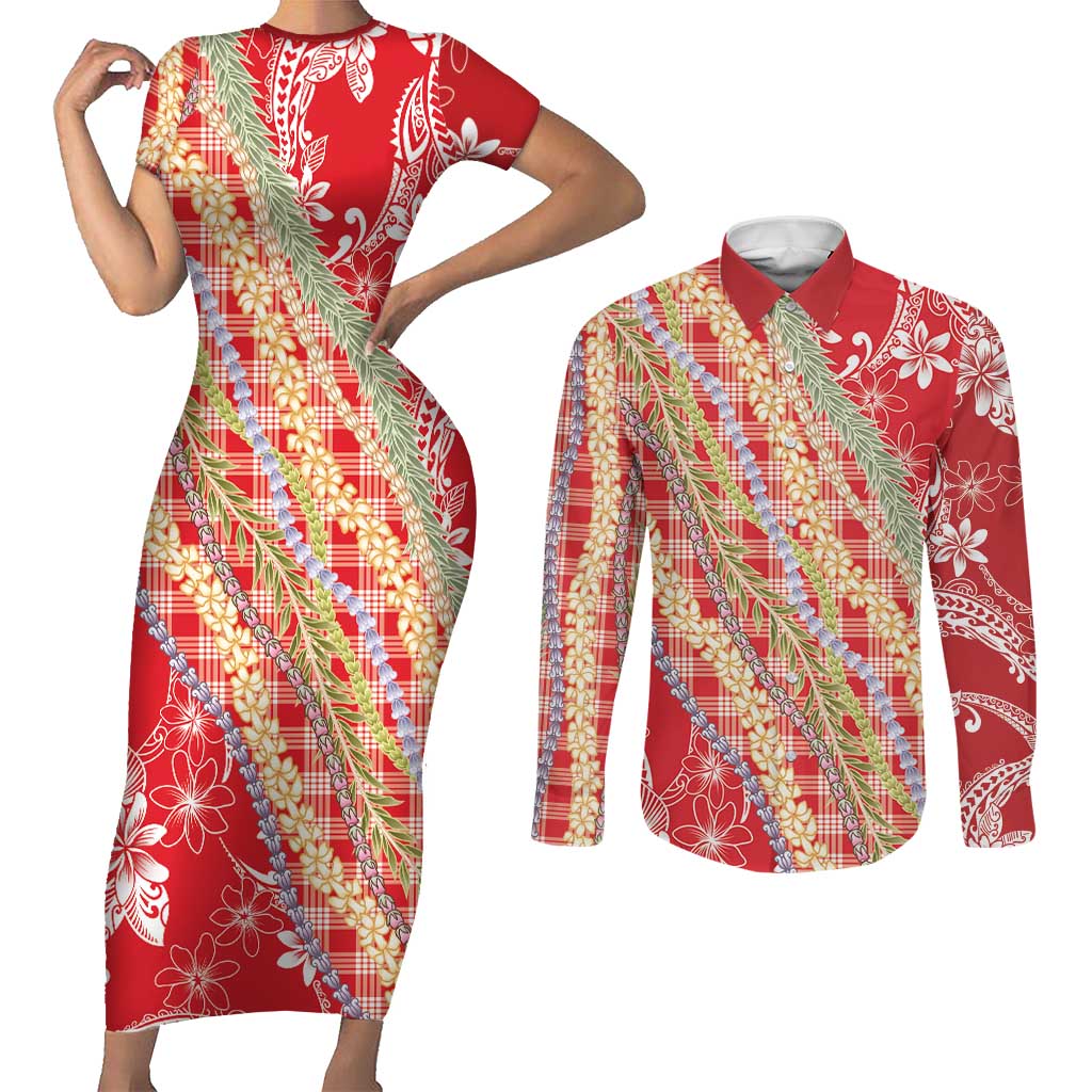 Red Palaka Hawaii Leis Couples Matching Short Sleeve Bodycon Dress and Long Sleeve Button Shirt Hawaiian-plaid Elegant Tropical Vibes LT14 Red - Polynesian Pride