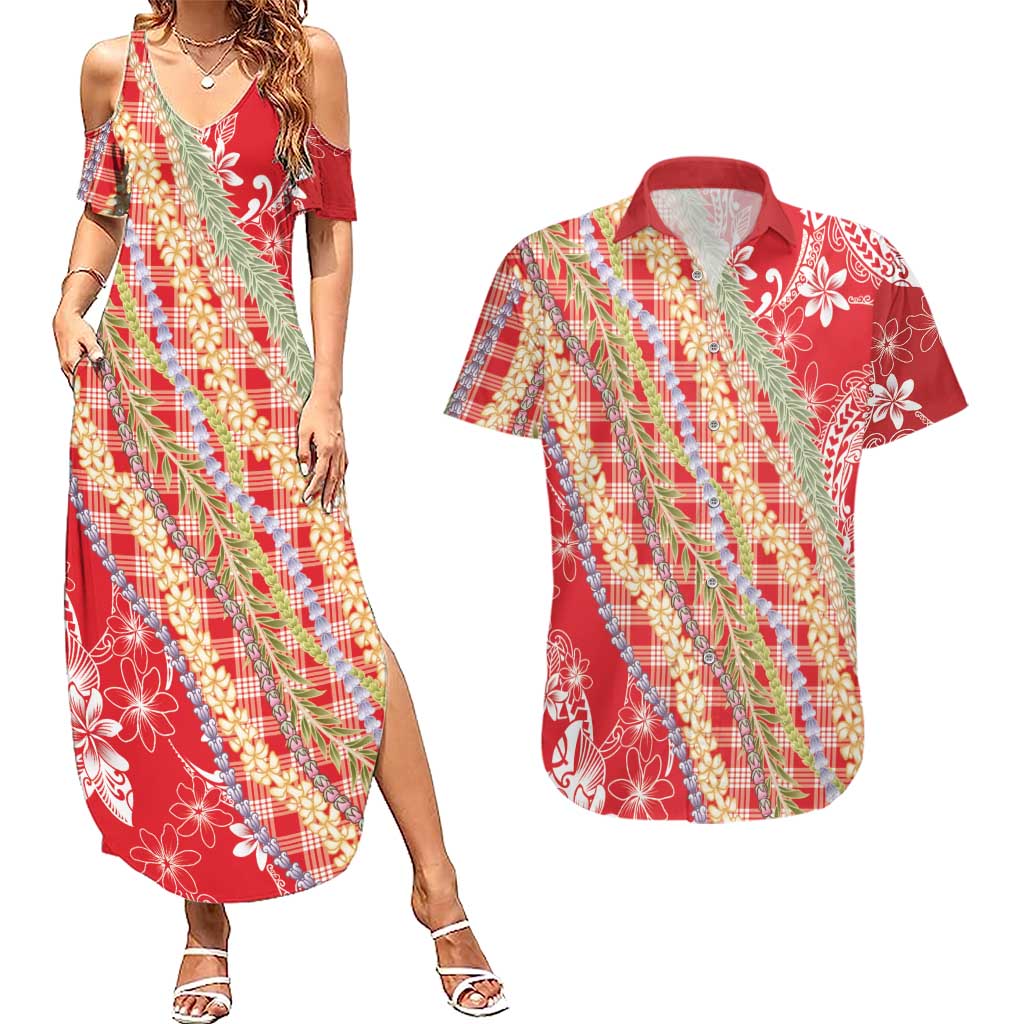 Red Palaka Hawaii Leis Couples Matching Summer Maxi Dress and Hawaiian Shirt Hawaiian-plaid Elegant Tropical Vibes LT14 Red - Polynesian Pride