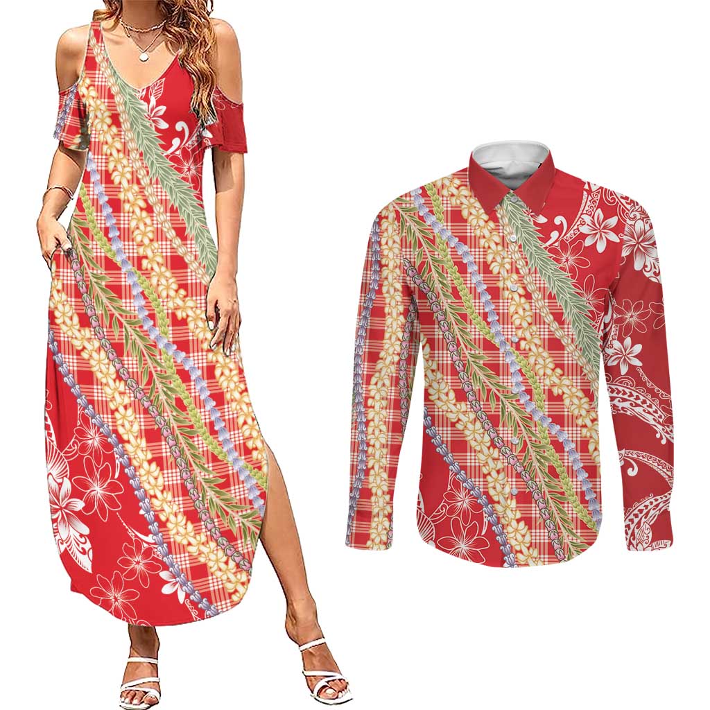 Red Palaka Hawaii Leis Couples Matching Summer Maxi Dress and Long Sleeve Button Shirt Hawaiian-plaid Elegant Tropical Vibes LT14 Red - Polynesian Pride