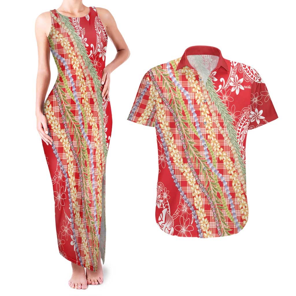 Red Palaka Hawaii Leis Couples Matching Tank Maxi Dress and Hawaiian Shirt Hawaiian-plaid Elegant Tropical Vibes - Polynesian Pride