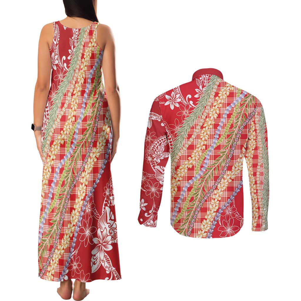 Red Palaka Hawaii Leis Couples Matching Tank Maxi Dress and Long Sleeve Button Shirt Hawaiian-plaid Elegant Tropical Vibes LT14 - Polynesian Pride