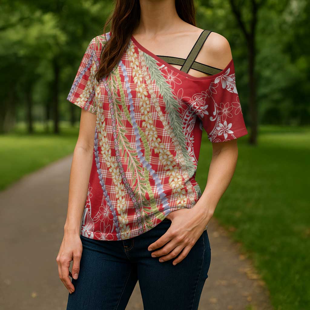 Red Palaka Hawaii Leis Cross Shoulder Shirt Hawaiian-plaid Elegant Tropical Vibes - Polynesian Pride