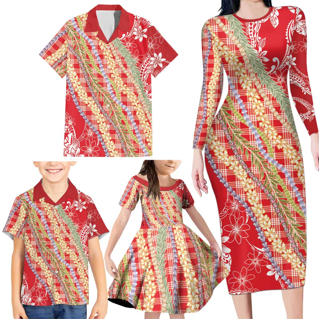 Red Palaka Hawaii Leis Family Matching Long Sleeve Bodycon Dress and Hawaiian Shirt Hawaiian-plaid Elegant Tropical Vibes LT14 - Polynesian Pride