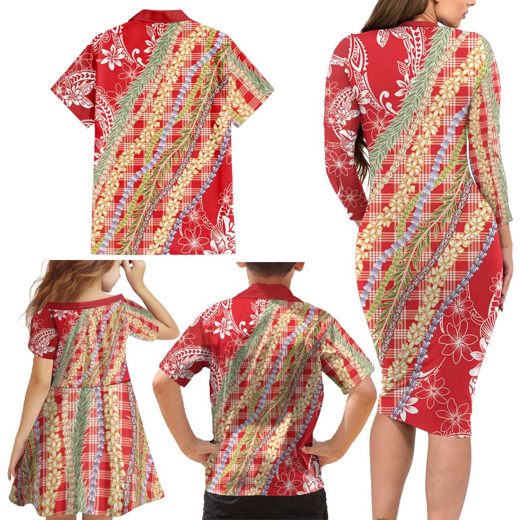 Red Palaka Hawaii Leis Family Matching Long Sleeve Bodycon Dress and Hawaiian Shirt Hawaiian-plaid Elegant Tropical Vibes LT14 - Polynesian Pride