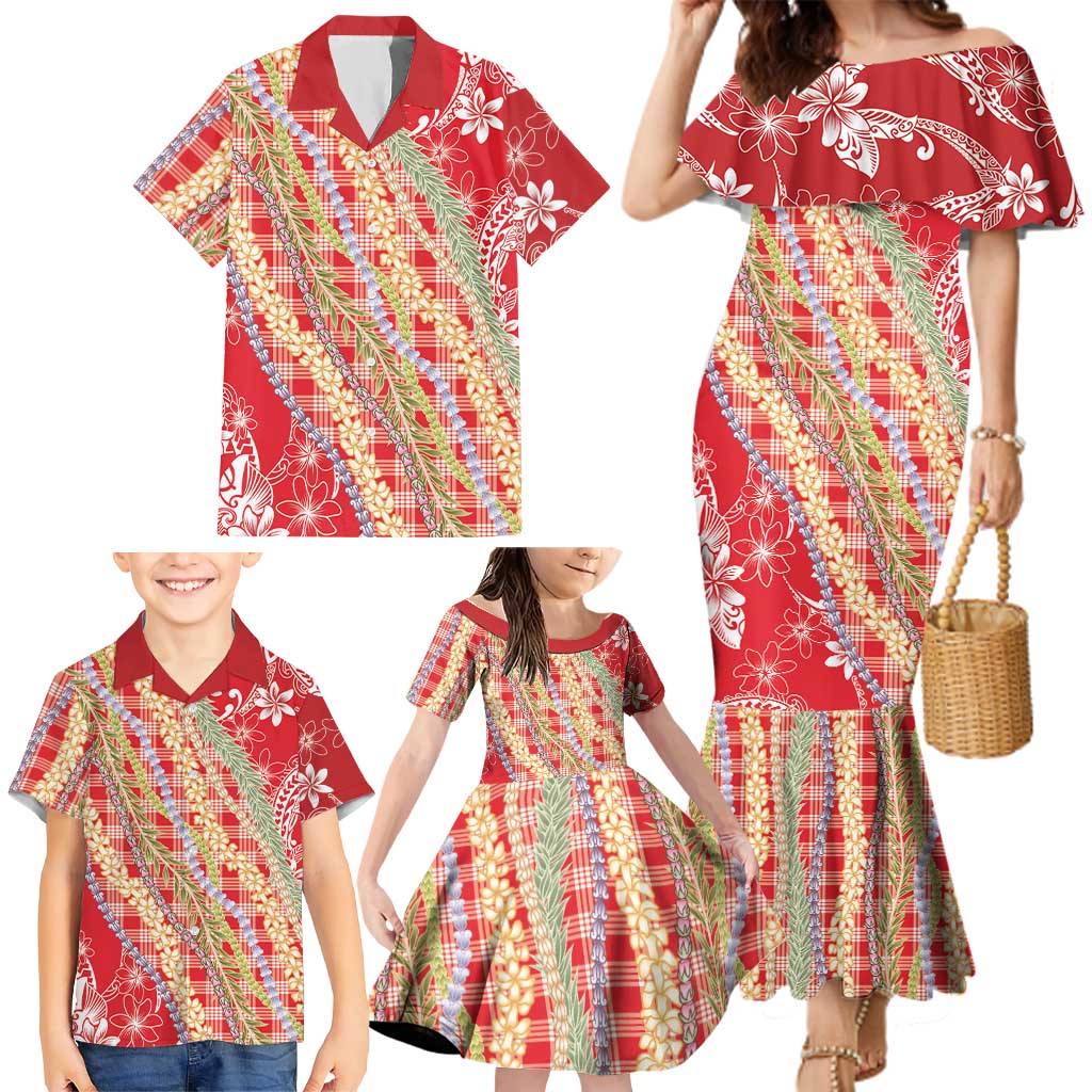Red Palaka Hawaii Leis Family Matching Mermaid Dress and Hawaiian Shirt Hawaiian-plaid Elegant Tropical Vibes LT14 - Polynesian Pride