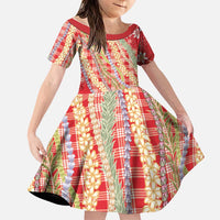 Red Palaka Hawaii Leis Family Matching Off The Shoulder Long Sleeve Dress and Hawaiian Shirt Hawaiian-plaid Elegant Tropical Vibes LT14 Daughter's Dress Red - Polynesian Pride