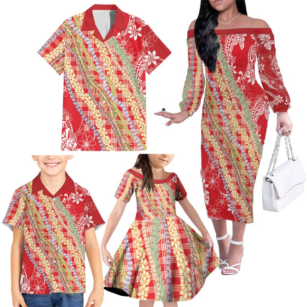 Red Palaka Hawaii Leis Family Matching Off The Shoulder Long Sleeve Dress and Hawaiian Shirt Hawaiian-plaid Elegant Tropical Vibes LT14 - Polynesian Pride