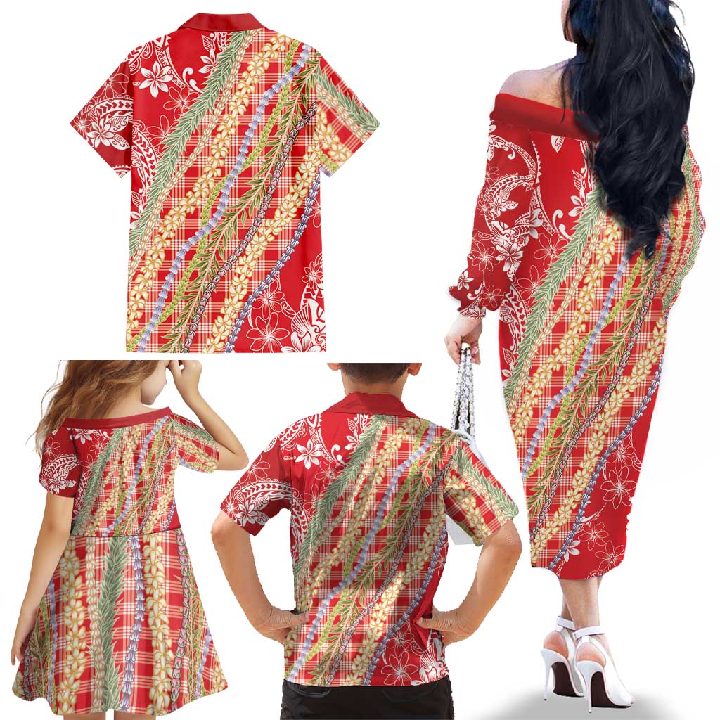 Red Palaka Hawaii Leis Family Matching Off The Shoulder Long Sleeve Dress and Hawaiian Shirt Hawaiian-plaid Elegant Tropical Vibes LT14 - Polynesian Pride
