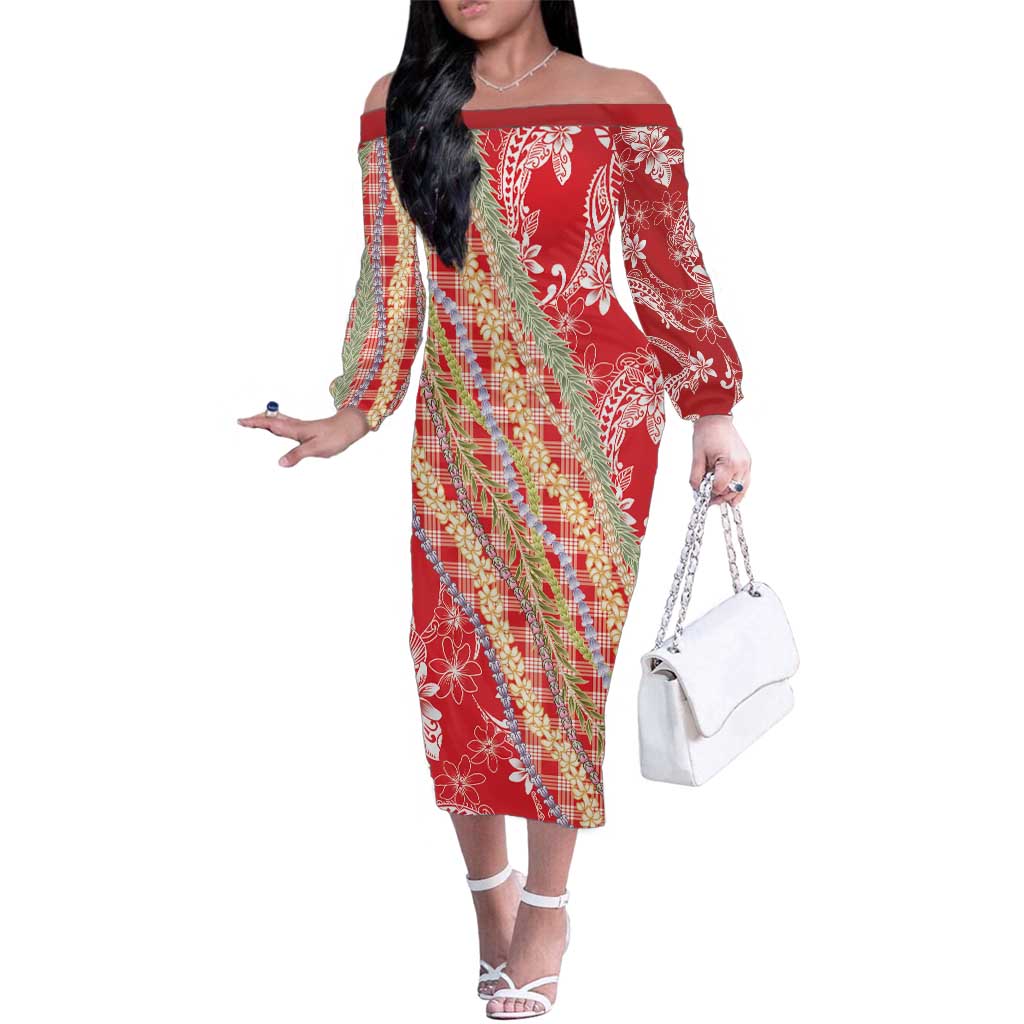 Red Palaka Hawaii Leis Family Matching Off The Shoulder Long Sleeve Dress and Hawaiian Shirt Hawaiian-plaid Elegant Tropical Vibes LT14 Mom's Dress Red - Polynesian Pride