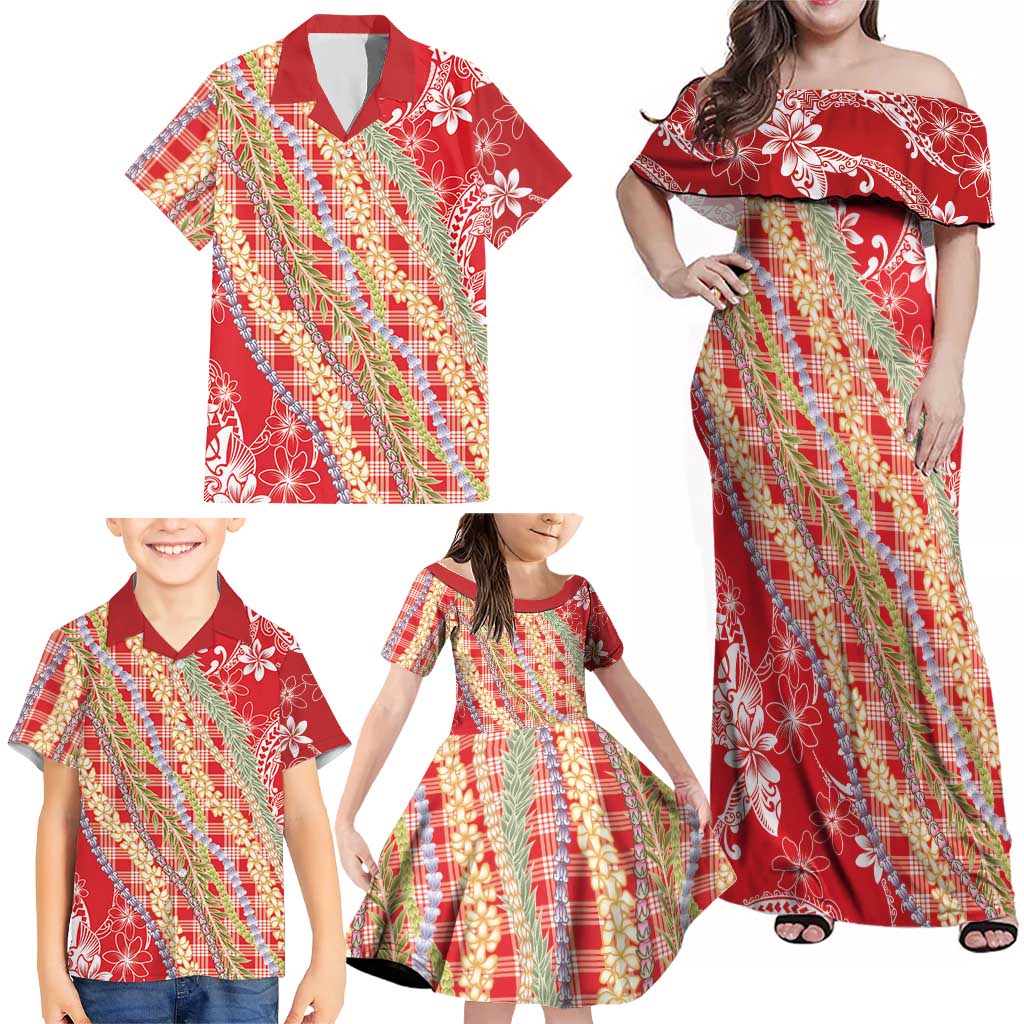 Red Palaka Hawaii Leis Family Matching Off Shoulder Maxi Dress and Hawaiian Shirt Hawaiian-plaid Elegant Tropical Vibes - Polynesian Pride