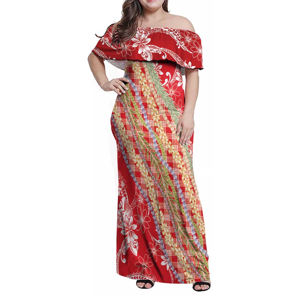 Red Palaka Hawaii Leis Family Matching Off Shoulder Maxi Dress and Hawaiian Shirt Hawaiian-plaid Elegant Tropical Vibes LT14 Mom's Dress Red - Polynesian Pride