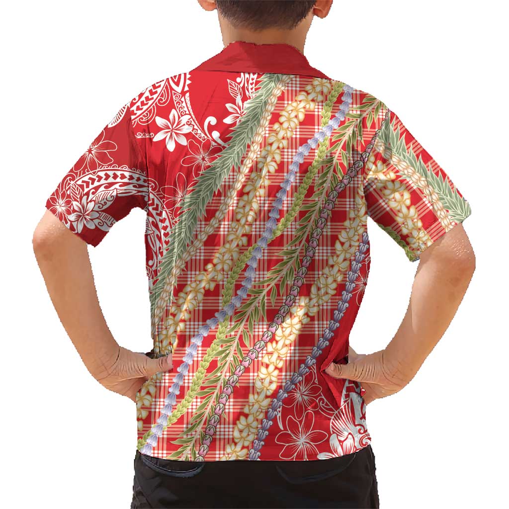 Red Palaka Hawaii Leis Family Matching Off Shoulder Short Dress and Hawaiian Shirt Hawaiian-plaid Elegant Tropical Vibes LT14 - Polynesian Pride