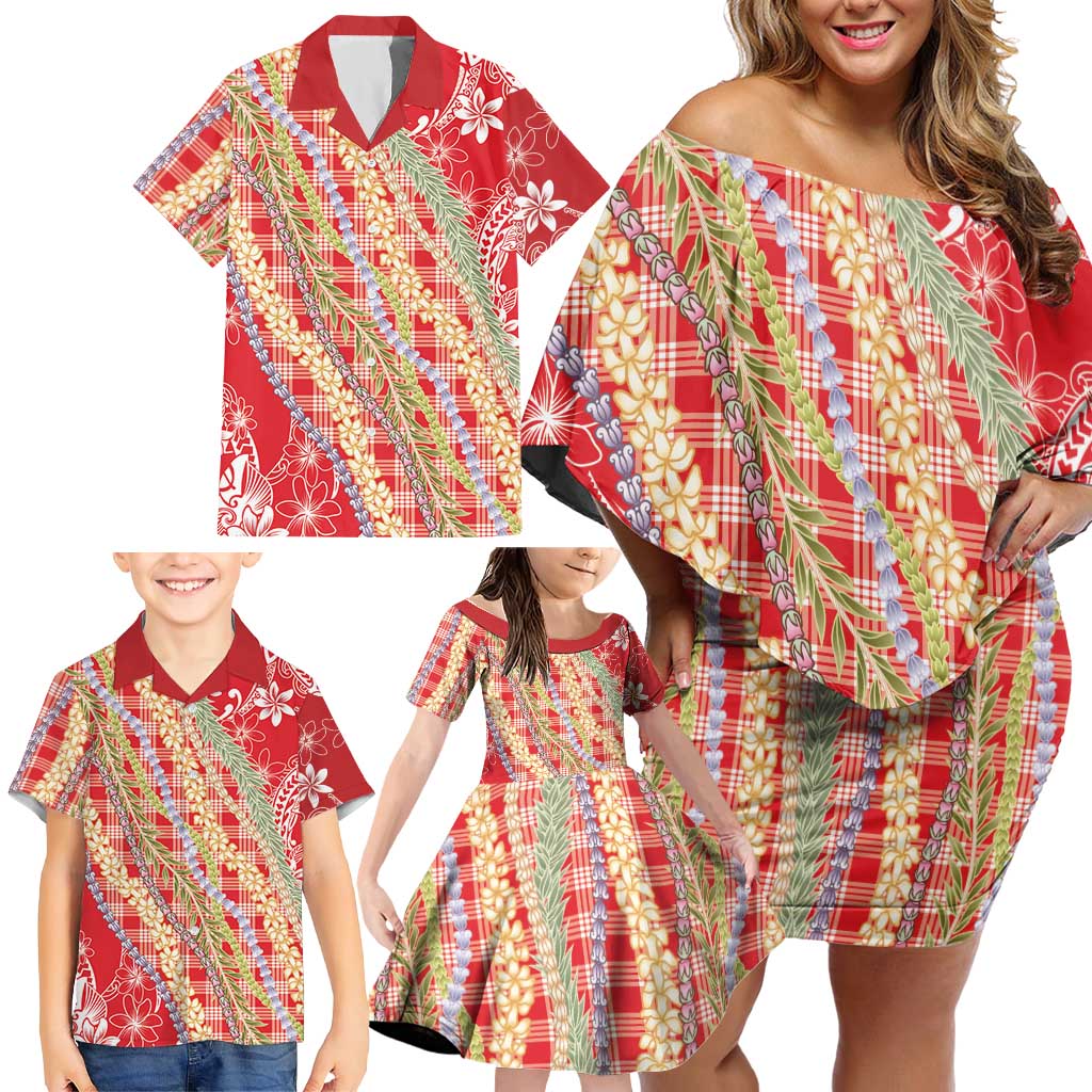 Red Palaka Hawaii Leis Family Matching Off Shoulder Short Dress and Hawaiian Shirt Hawaiian-plaid Elegant Tropical Vibes - Polynesian Pride