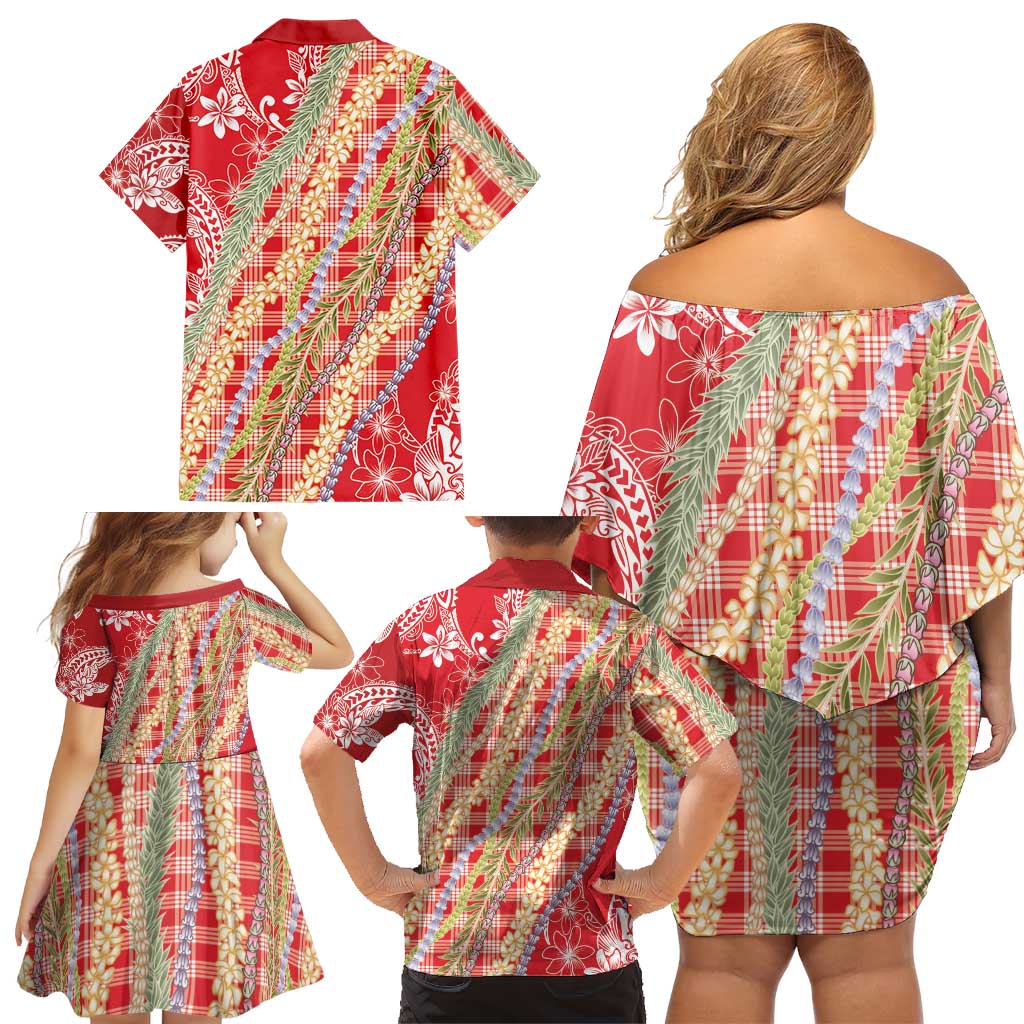Red Palaka Hawaii Leis Family Matching Off Shoulder Short Dress and Hawaiian Shirt Hawaiian-plaid Elegant Tropical Vibes LT14 - Polynesian Pride
