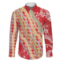 Red Palaka Hawaii Leis Family Matching Off Shoulder Short Dress and Hawaiian Shirt Hawaiian-plaid Elegant Tropical Vibes LT14 Dad's Shirt - Long Sleeve Red - Polynesian Pride