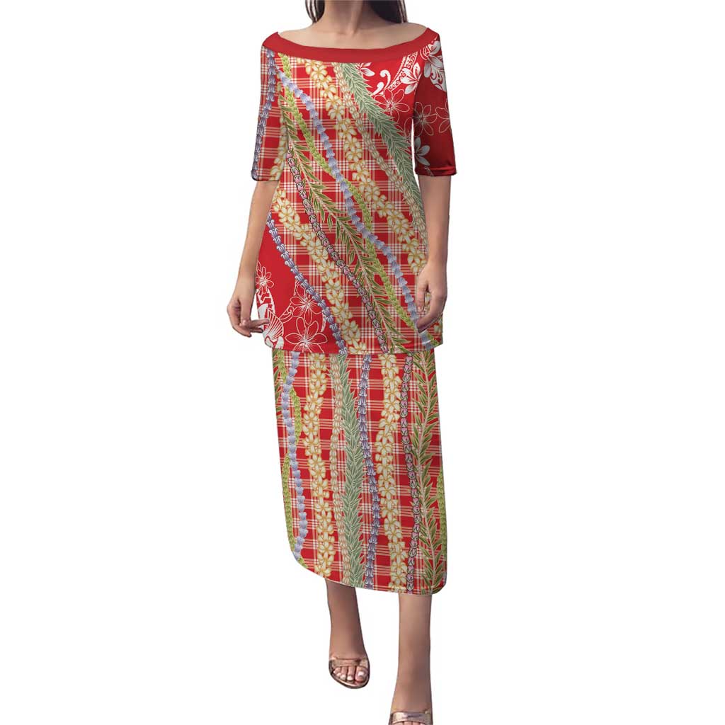 Red Palaka Hawaii Leis Family Matching Puletasi and Hawaiian Shirt Hawaiian-plaid Elegant Tropical Vibes LT14 Mom's Dress Red - Polynesian Pride