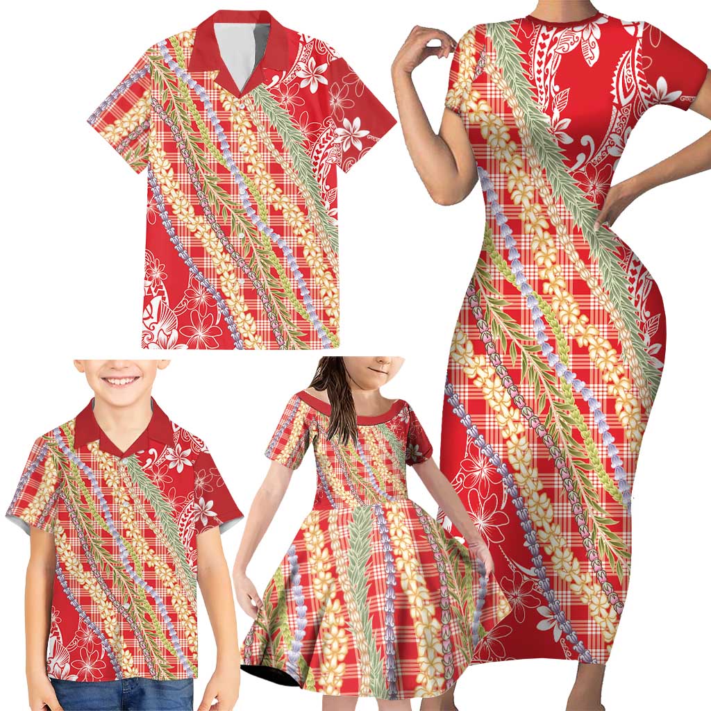 Red Palaka Hawaii Leis Family Matching Short Sleeve Bodycon Dress and Hawaiian Shirt Hawaiian-plaid Elegant Tropical Vibes LT14 - Polynesian Pride
