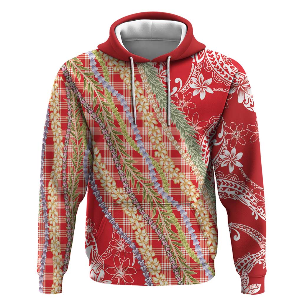 Red Palaka Hawaii Leis Hoodie Hawaiian-plaid Elegant Tropical Vibes LT14 Pullover Hoodie Red - Polynesian Pride