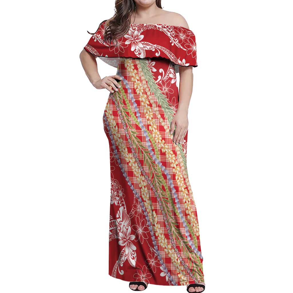Red Palaka Hawaii Leis Off Shoulder Maxi Dress Hawaiian-plaid Elegant Tropical Vibes LT14 Women Red - Polynesian Pride