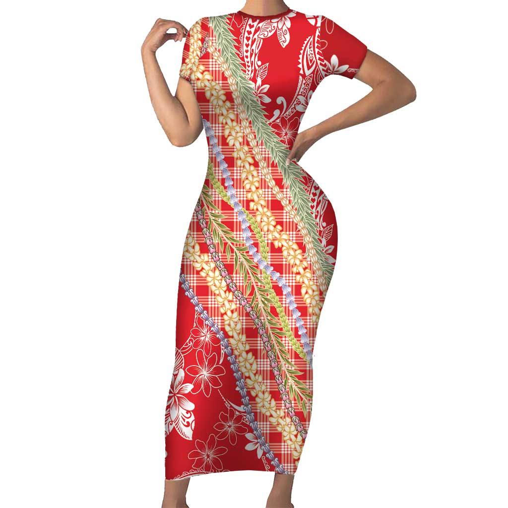 Red Palaka Hawaii Leis Short Sleeve Bodycon Dress Hawaiian-plaid Elegant Tropical Vibes - Polynesian Pride