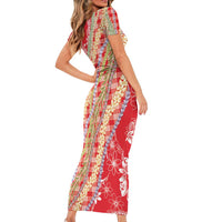 Red Palaka Hawaii Leis Short Sleeve Bodycon Dress Hawaiian-plaid Elegant Tropical Vibes - Polynesian Pride