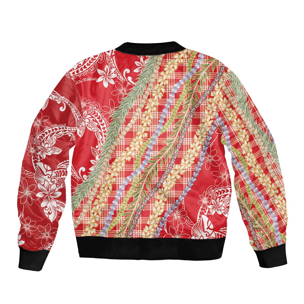 Red Palaka Hawaii Leis Sleeve Zip Bomber Jacket Hawaiian-plaid Elegant Tropical Vibes - Polynesian Pride