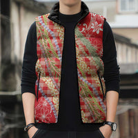 Red Palaka Hawaii Leis Sleeveless Puffer Jacket Hawaiian-plaid Elegant Tropical Vibes - Polynesian Pride