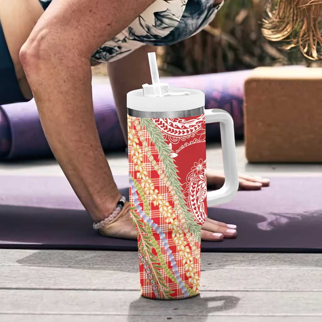 Red Palaka Hawaii Leis Tumbler With Handle Hawaiian-plaid Elegant Tropical Vibes - Polynesian Pride