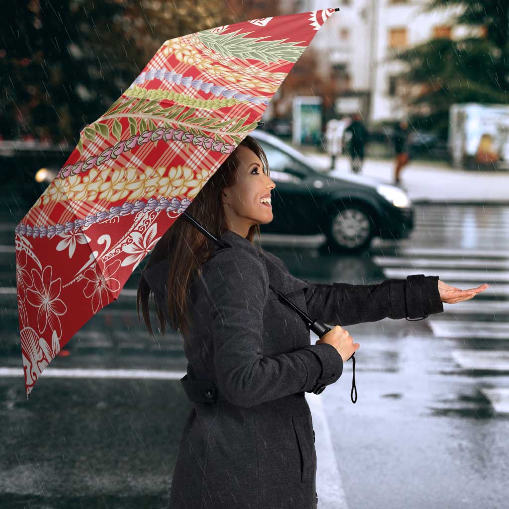 Red Palaka Hawaii Leis Umbrella Hawaiian-plaid Elegant Tropical Vibes - Polynesian Pride