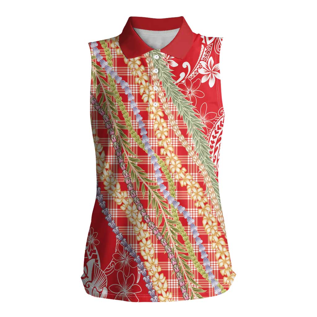 Red Palaka Hawaii Leis Women Sleeveless Polo Shirt Hawaiian-plaid Elegant Tropical Vibes LT14 Female Red - Polynesian Pride