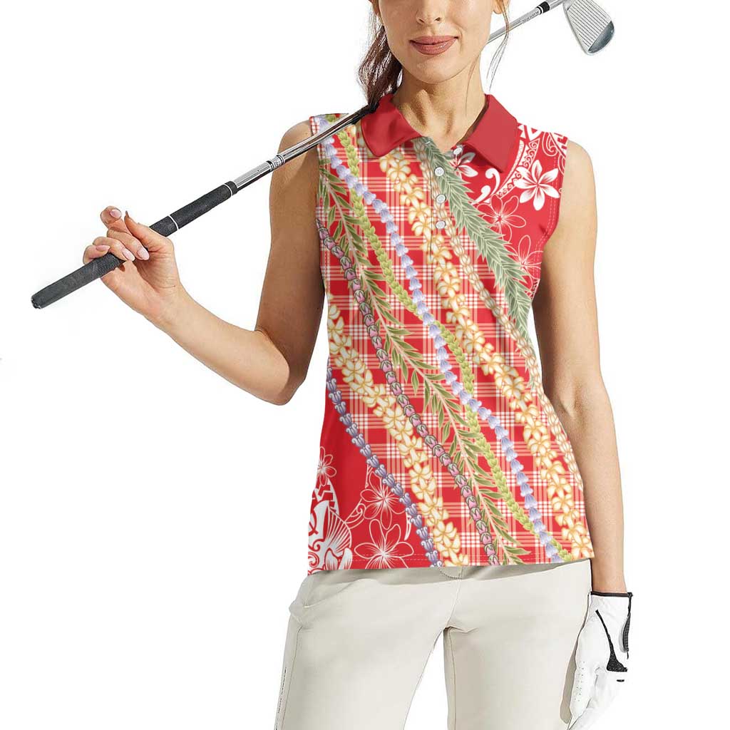 Red Palaka Hawaii Leis Women Sleeveless Polo Shirt Hawaiian-plaid Elegant Tropical Vibes LT14 - Polynesian Pride
