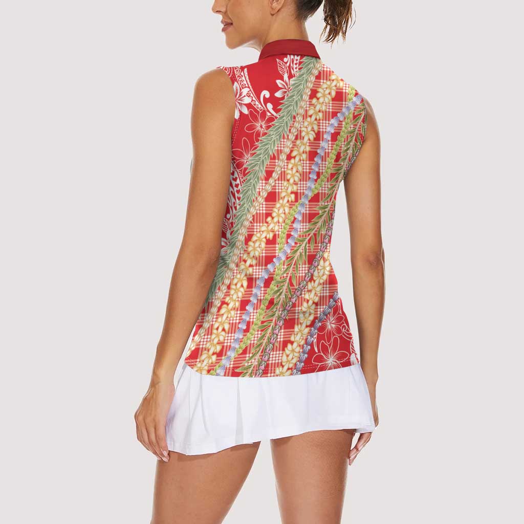 Red Palaka Hawaii Leis Women Sleeveless Polo Shirt Hawaiian-plaid Elegant Tropical Vibes LT14 - Polynesian Pride