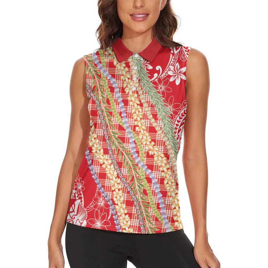 Red Palaka Hawaii Leis Women Sleeveless Polo Shirt Hawaiian-plaid Elegant Tropical Vibes LT14 - Polynesian Pride