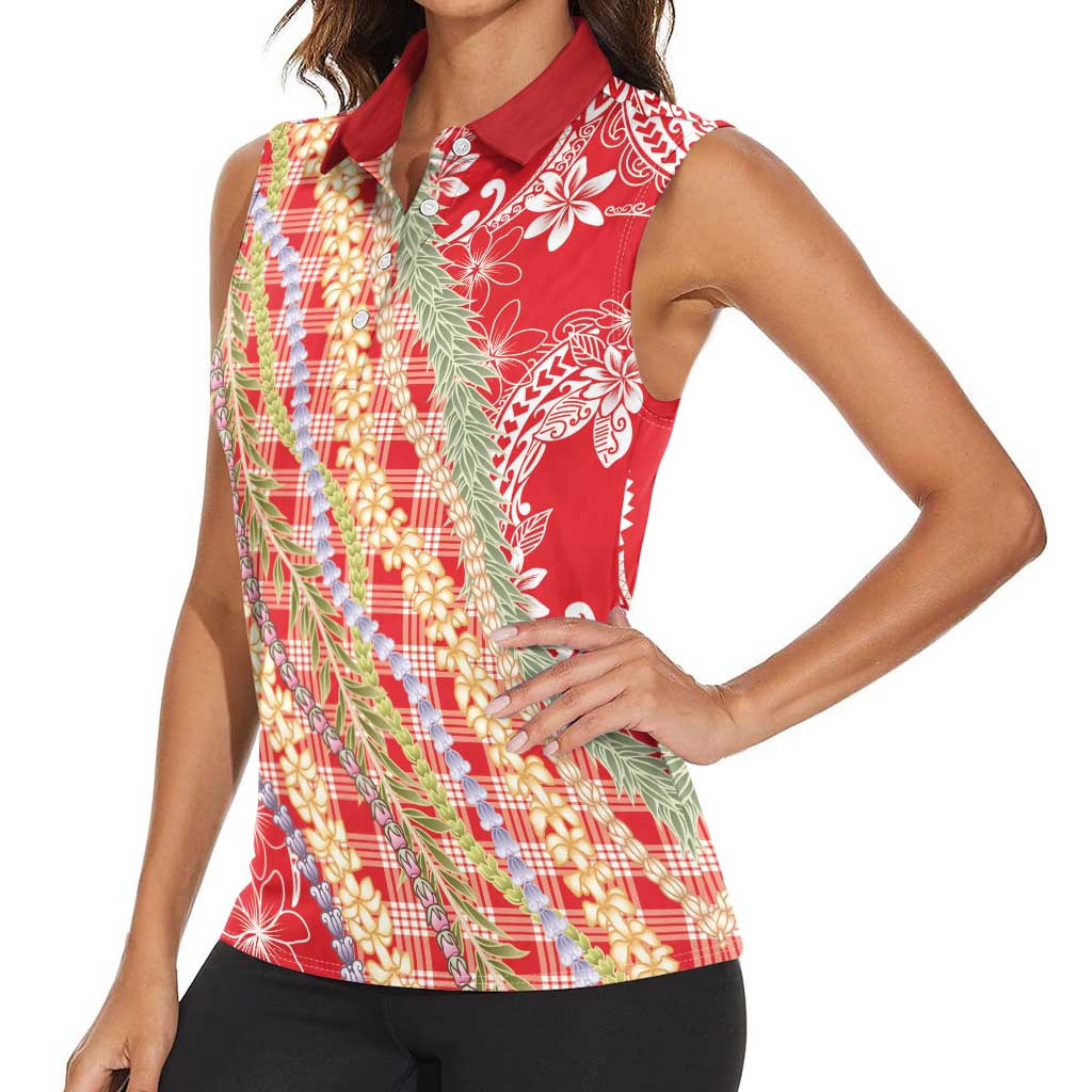 Red Palaka Hawaii Leis Women Sleeveless Polo Shirt Hawaiian-plaid Elegant Tropical Vibes LT14 - Polynesian Pride