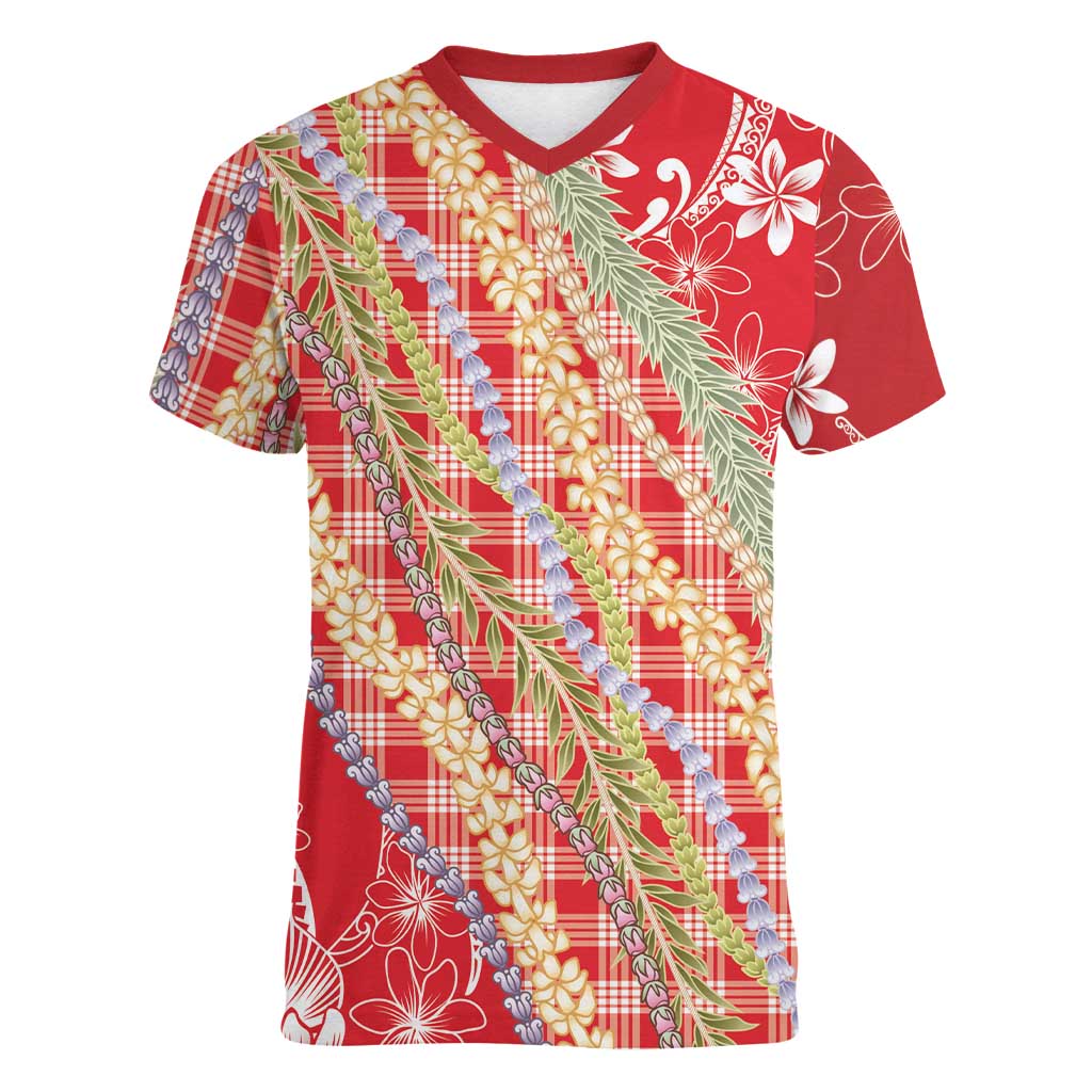 Red Palaka Hawaii Leis Women V-Neck T-Shirt Hawaiian-plaid Elegant Tropical Vibes LT14 Female Red - Polynesian Pride