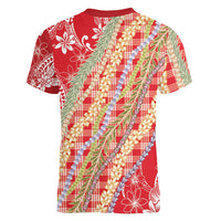 Red Palaka Hawaii Leis Women V-Neck T-Shirt Hawaiian-plaid Elegant Tropical Vibes LT14 - Polynesian Pride