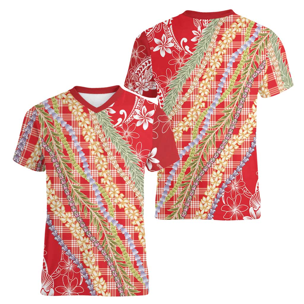 Red Palaka Hawaii Leis Women V-Neck T-Shirt Hawaiian-plaid Elegant Tropical Vibes LT14 - Polynesian Pride