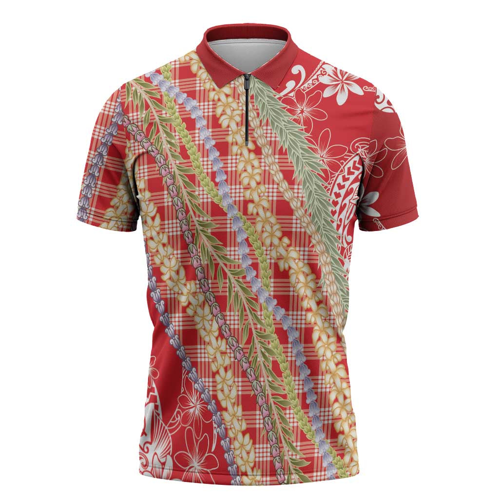 Red Palaka Hawaii Leis Zipper Polo Shirt Hawaiian-plaid Elegant Tropical Vibes - Polynesian Pride