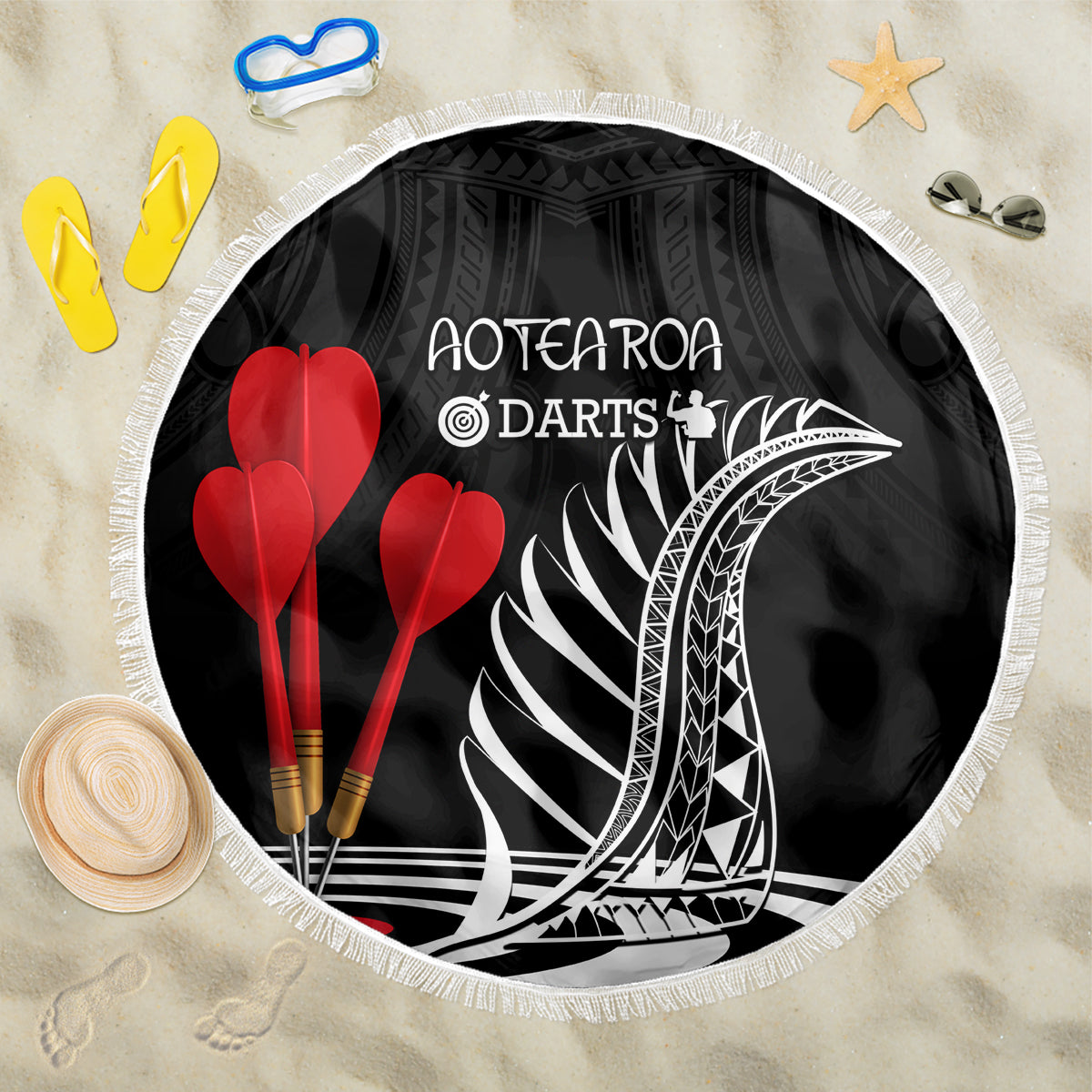 New Zealand Darts Beach Blanket Aotearoa Maori Fern Bring It On LT14 One Size 150cm Black - Polynesian Pride