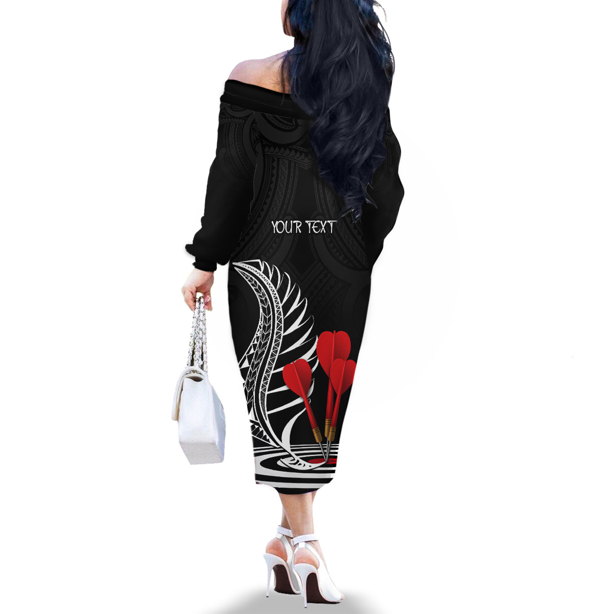 Personalised New Zealand Darts Family Matching Off Shoulder Long Sleeve Dress and Hawaiian Shirt Aotearoa Maori Fern Bring It On LT14 - Polynesian Pride