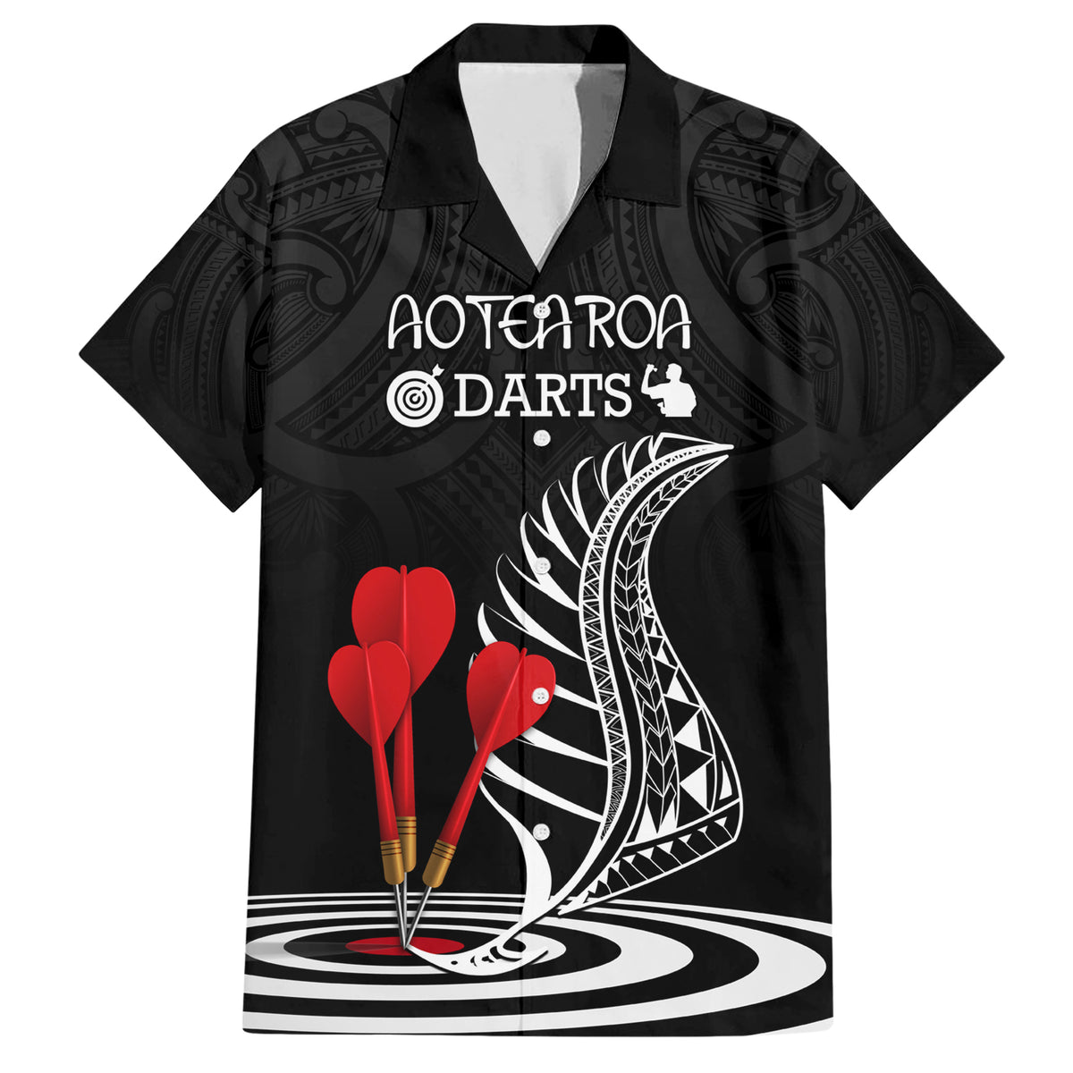 Personalised New Zealand Darts Family Matching Short Sleeve Bodycon Dress and Hawaiian Shirt Aotearoa Maori Fern Bring It On LT14 Dad's Shirt - Short Sleeve Black - Polynesian Pride