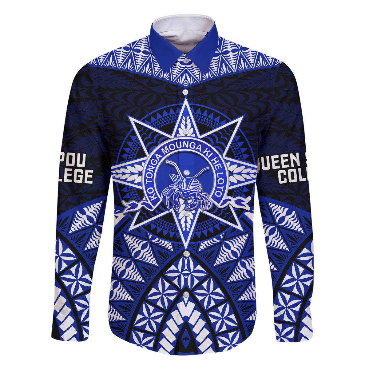 Tonga Tupou College And Queen Salote College Family Matching Off Shoulder Maxi Dress and Hawaiian Shirt Tongan Ngatu Pattern LT14 Dad's Shirt - Long Sleeve Blue - Polynesian Pride