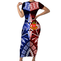 Personalised Tupou College And Kolisi Tonga Atele Short Sleeve Bodycon Dress Tongan Ngatu Pattern LT14 Long Dress Blue - Polynesian Pride