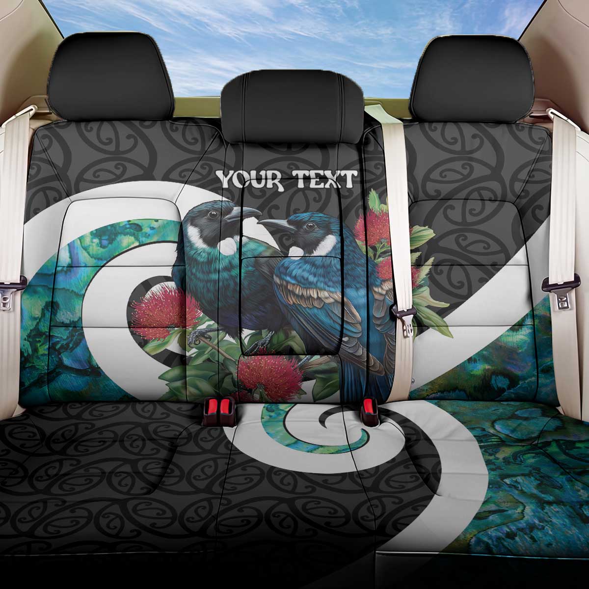 Personalised Valentine's Day New Zealand Back Car Seat Cover Tui Bird Couple Kowhaiwhai Mix Pohutukawa LT14 One Size Black - Polynesian Pride
