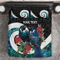 Personalised Valentine's Day New Zealand Bedding Set Tui Bird Couple Kowhaiwhai Mix Pohutukawa LT14 Black - Polynesian Pride