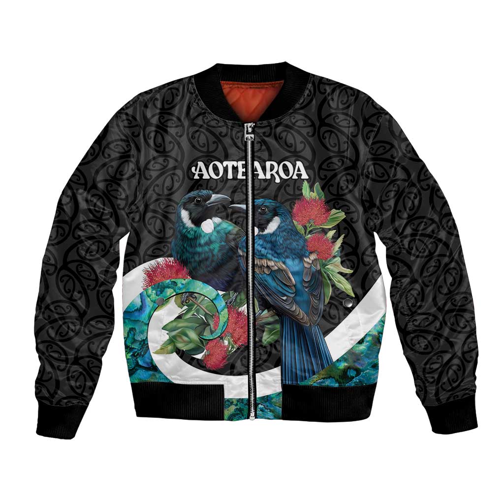 Personalised Valentine's Day New Zealand Bomber Jacket Tui Bird Couple Kowhaiwhai Mix Pohutukawa LT14 Unisex Black - Polynesian Pride