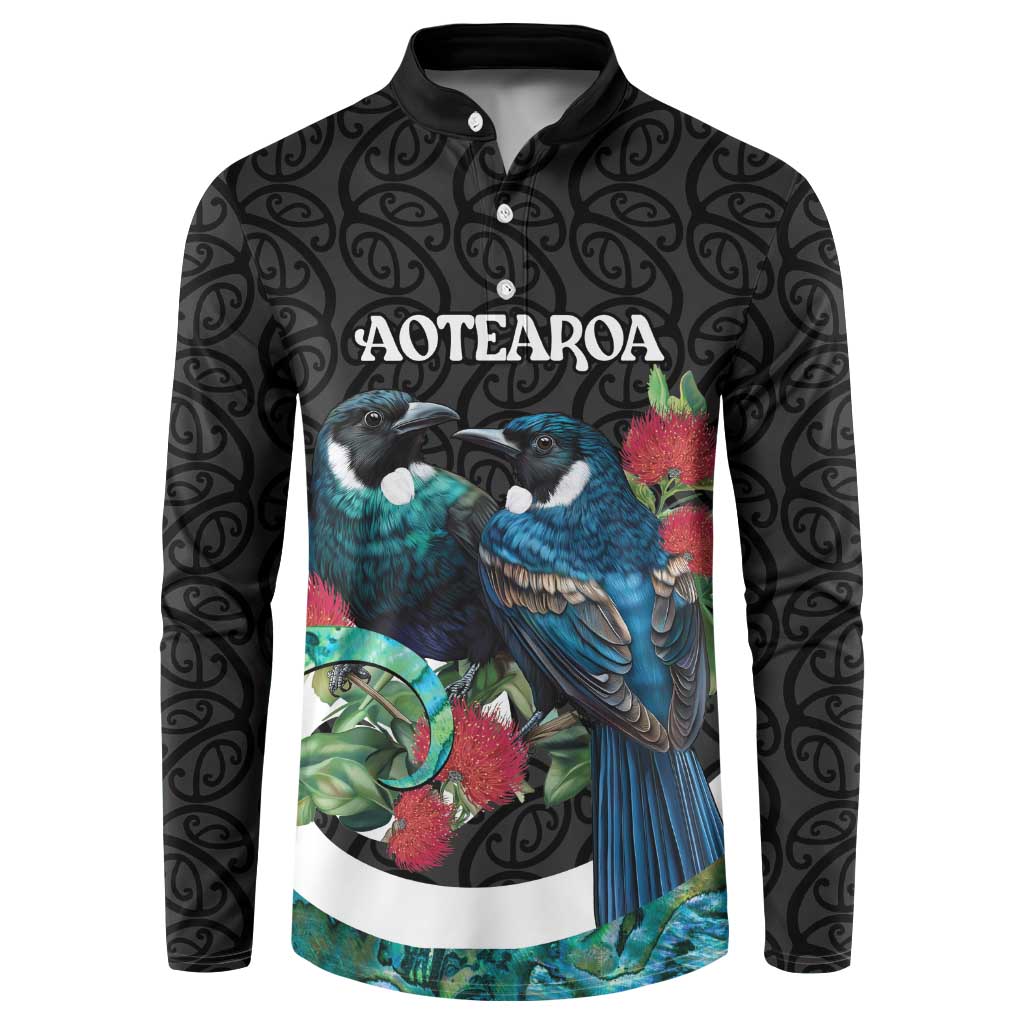 Personalised Valentine's Day New Zealand Button Sweatshirt Tui Bird Couple Kowhaiwhai Mix Pohutukawa LT14 Black - Polynesian Pride