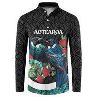Personalised Valentine's Day New Zealand Button Sweatshirt Tui Bird Couple Kowhaiwhai Mix Pohutukawa LT14 Black - Polynesian Pride
