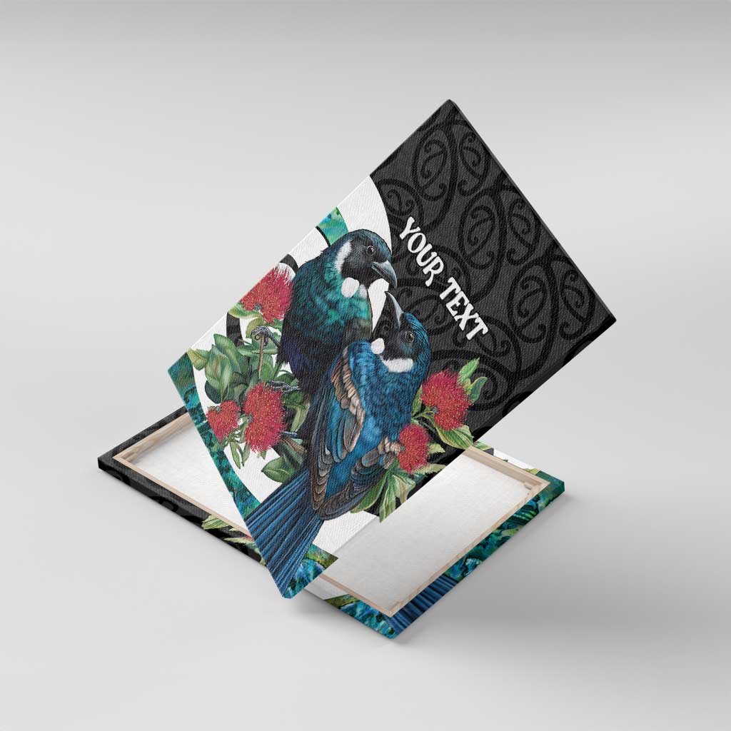 Personalised Valentine's Day New Zealand Canvas Wall Art Tui Bird Couple Kowhaiwhai Mix Pohutukawa LT14 With Frame Black - Polynesian Pride